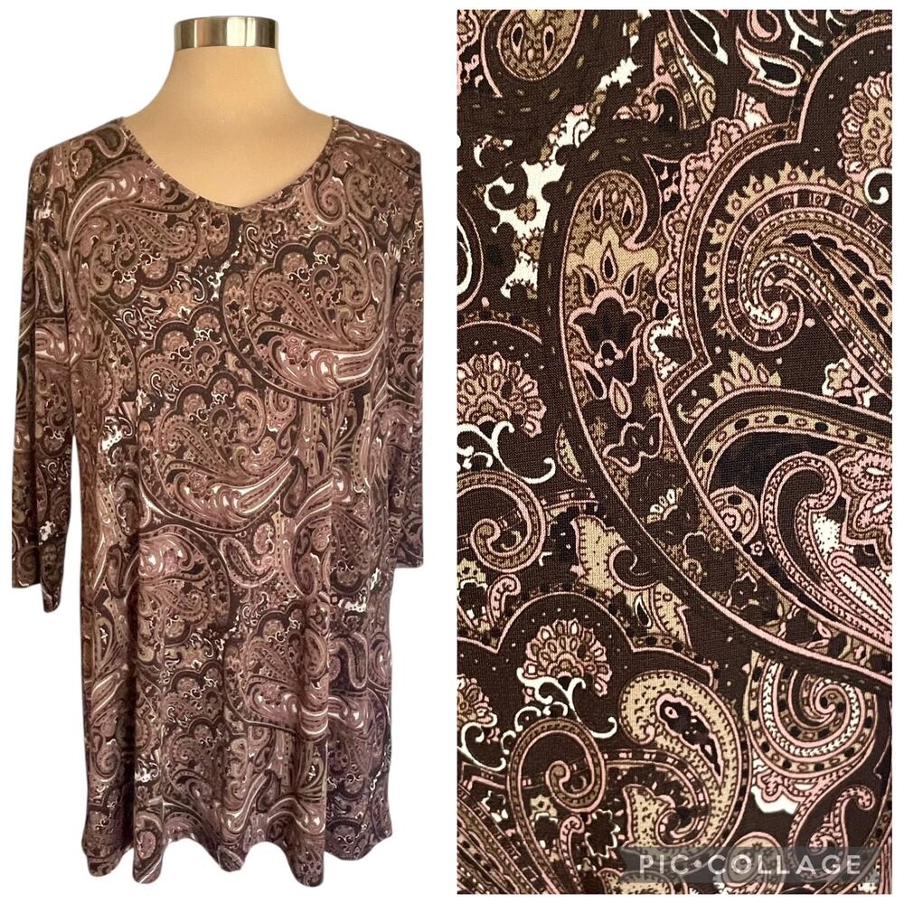 Susan Graver Brown Paisley Print Tunic Shift Dress Womens MED Workwear‎ Casual